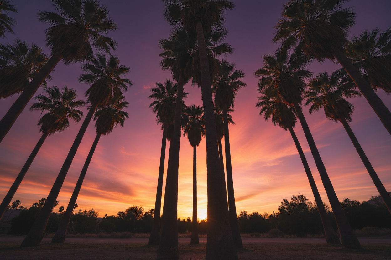 big California  trees, palms camera looking up at them at late sunset 