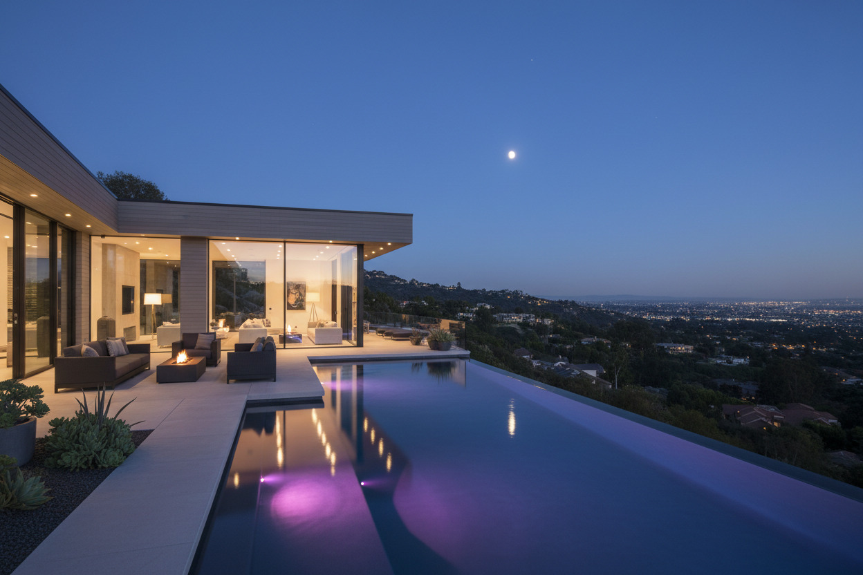 luxury house on the hill at night pool view, led colors like pink and purple and normal lamps, modern grey wood house theme 